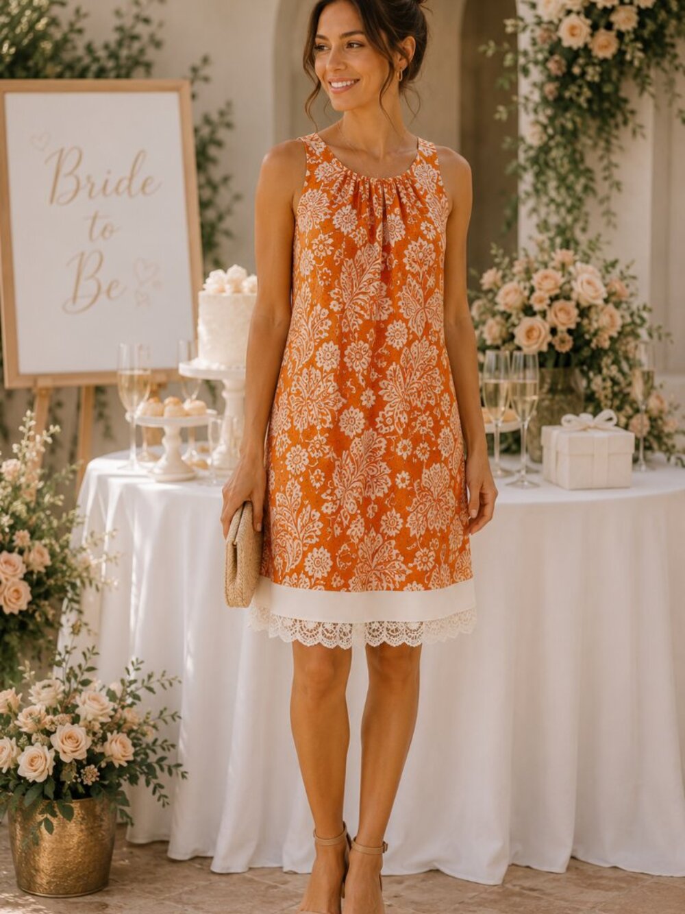 LOFT Orange & Cream Floral Paisley Midi Dress Excellent Condition Sz 12